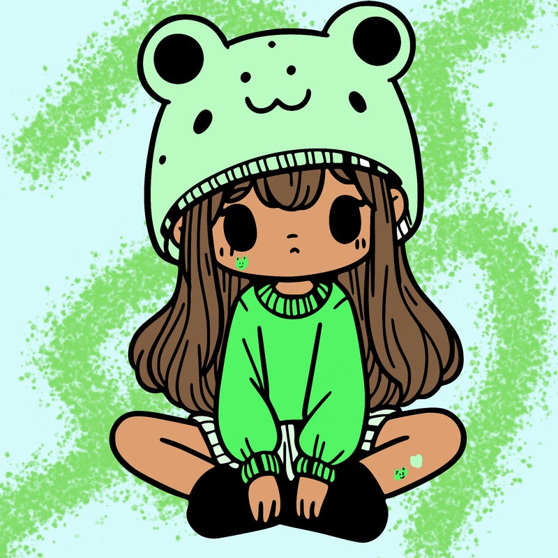 a girl wearing a frog hat and some frog socks