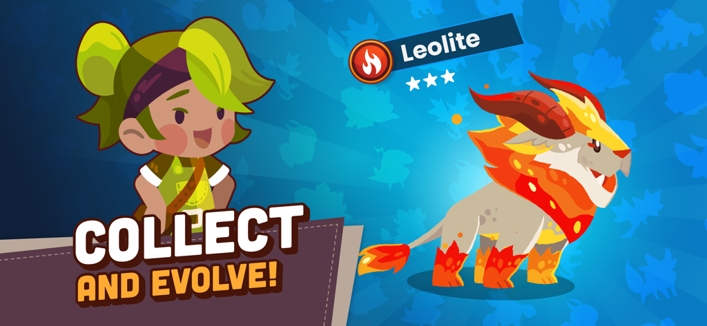 A child character and a fire creature named Leolite from the Mightier app with text saying collect and evolve