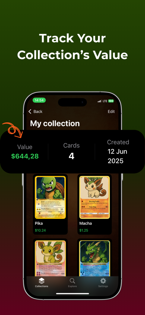 TCG Card Scanner & Collector - TCG Card Scanner app displaying collection total value and individual card prices