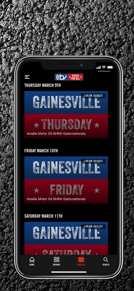 NHRA.tv - NHRA.tv app interface showing the Gainesville event schedule for Thursday Friday and Saturday