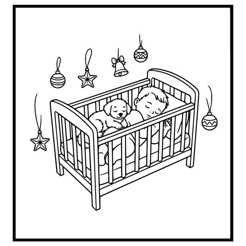 a baby asleep in its crib with a puppy with christmas ornaments around it