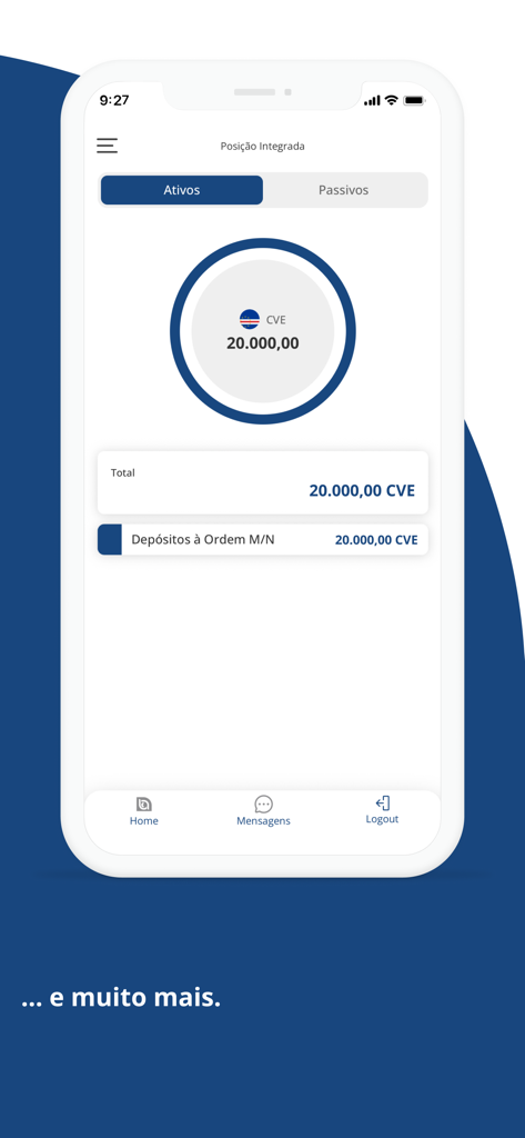 Mobile banking interface of BCADirecto showing account assets in Cape Verdean Escudo.