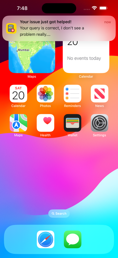 SQL Play — Learn SQL - An iPhone home screen displaying a push notification from the SQL Play app providing feedback on a database query
