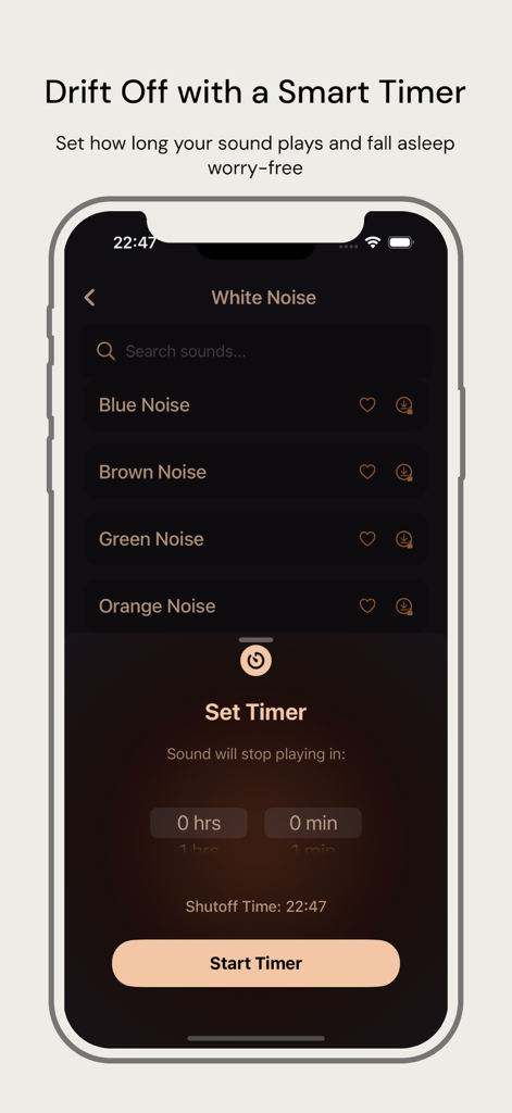 Interfaz de temporizador inteligente en la aplicación White Moises for Sleep que muestra opciones de sonido y ajustes de duración