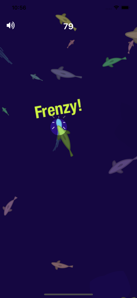 Gameplay screenshot of Fish in a Watch showing a fish in frenzy mode surrounded by other fish in deep blue water.