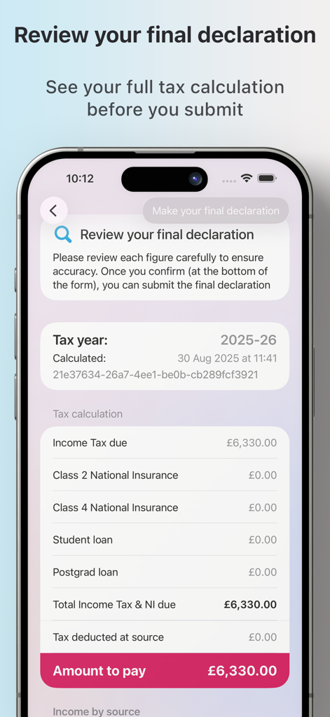 Tela móvel mostrando um resumo de uma declaração fiscal final do Reino Unido com o imposto de renda calculado e o valor total a pagar