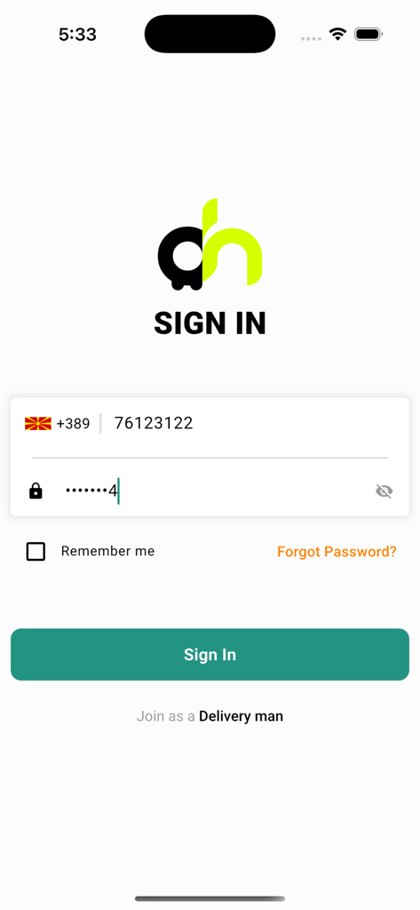DeliveryHub Courier - Sign in screen for the DeliveryHub Courier app with phone number and password login fields
