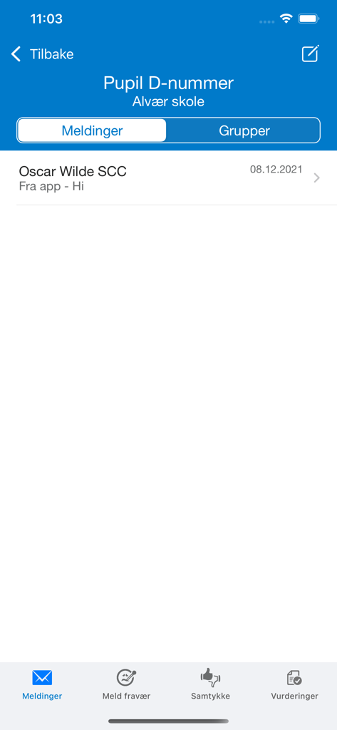 Messaging interface of the Min Skole parent app showing school communications for a student