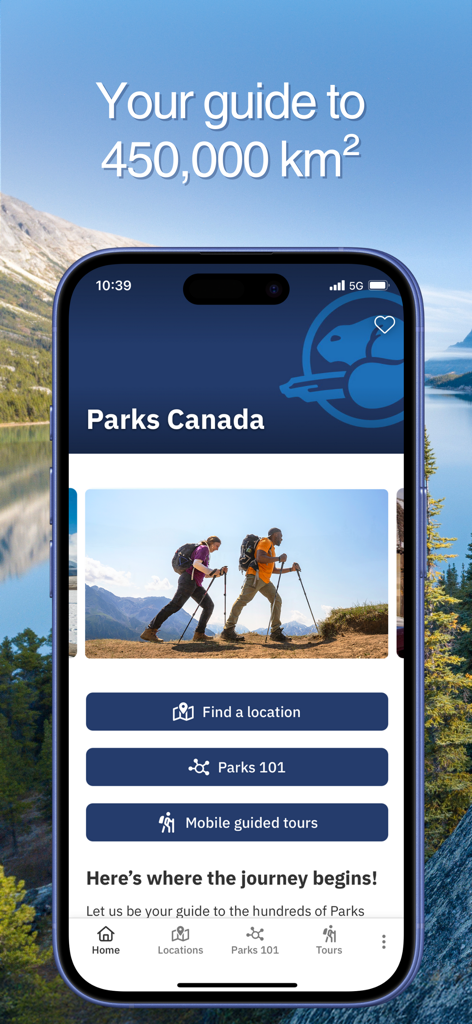 Schermata iniziale dell'app Parchi del Canada che mostra due escursionisti e pulsanti di navigazione per trovare località e tour guidati mobili
