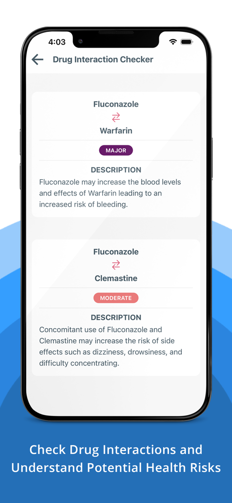 Pill Identifier & Drug Search - Interface of the Pill Identifier app showing drug interaction alerts for Fluconazole and Warfarin