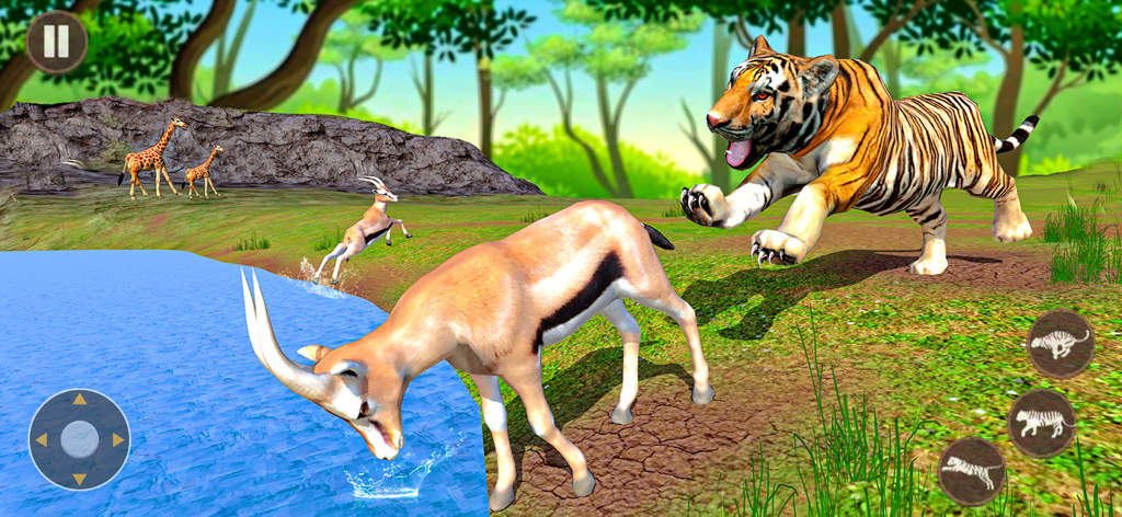 Un tigre en 3D atacando a una gacela cerca de un abrevadero en un paisaje de jungla