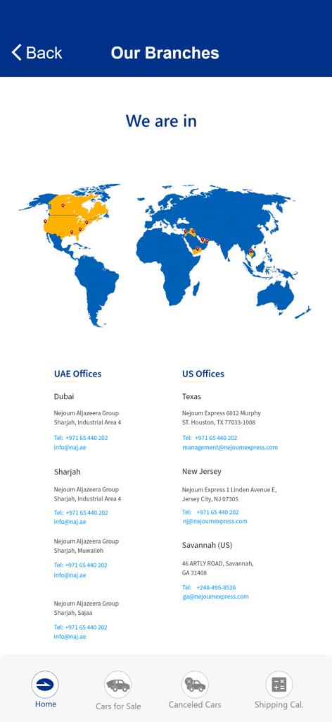 Map showing Nejoum Al Jazeera office locations in the USA and UAE