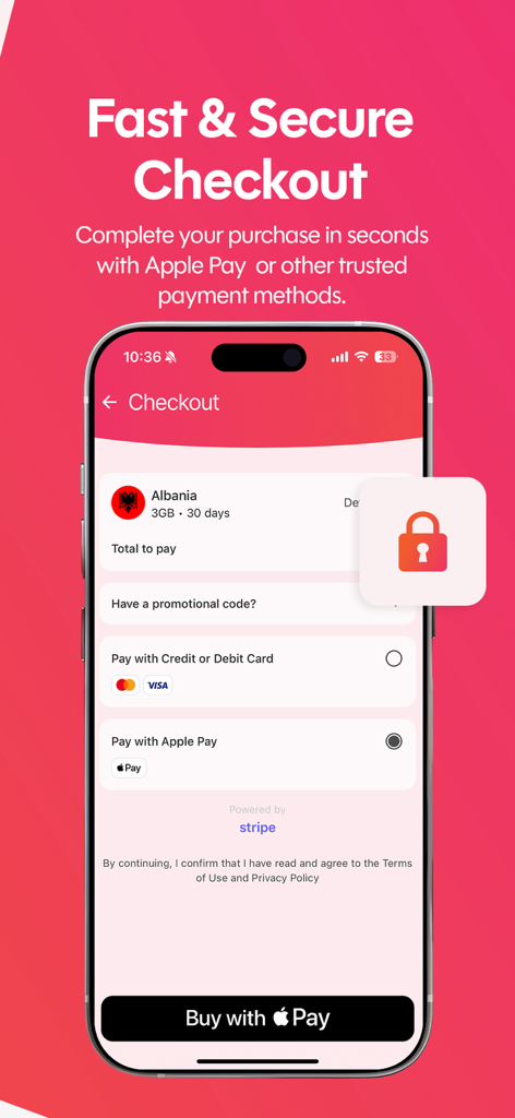 Fast and secure checkout screen in Gjirafa eSIM app showing Apple Pay and credit card payment options.