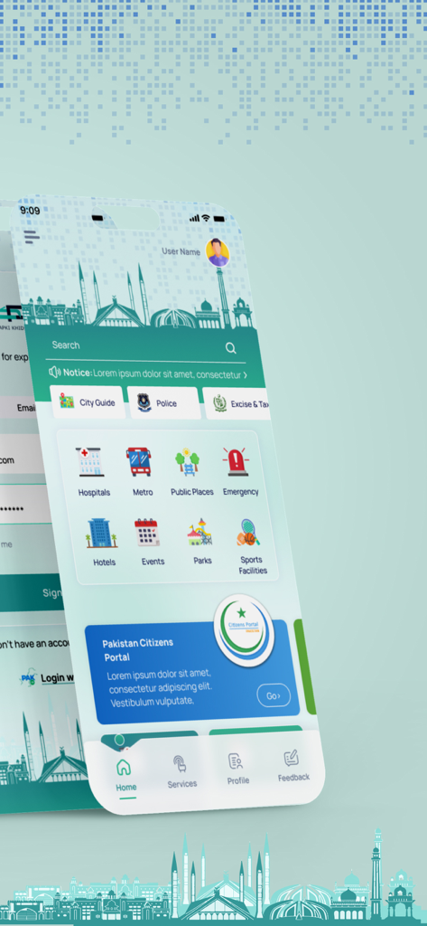 PAK App - Painel do aplicativo PAK exibindo serviços do governo e ícones de utilidade pública