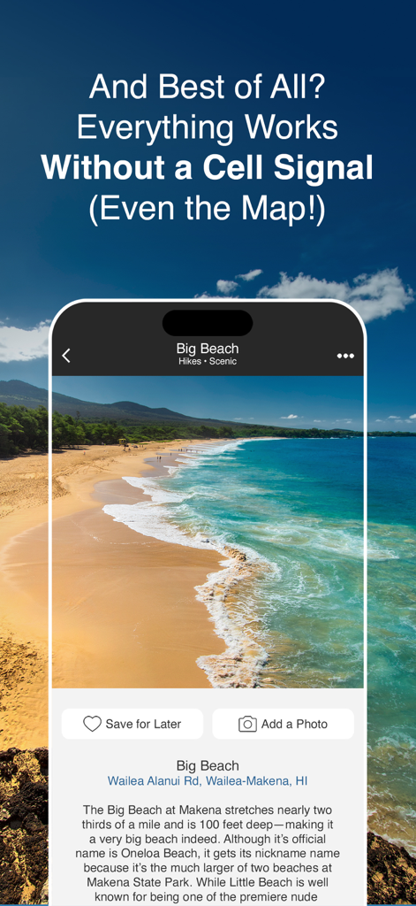마우이 여행자를 위한 해변 정보와 오프라인 지도 접근성을 보여주는 모바일 앱 화면
