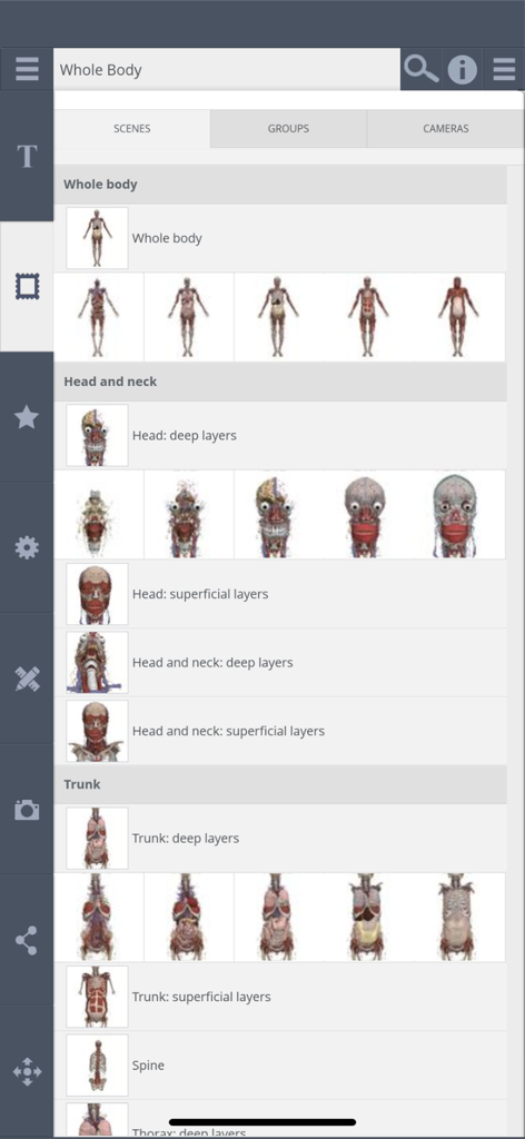 Primal's 3D Whole body - Anatomy scenes menu in the Primal's 3D Whole Body app displaying different body regions and layers