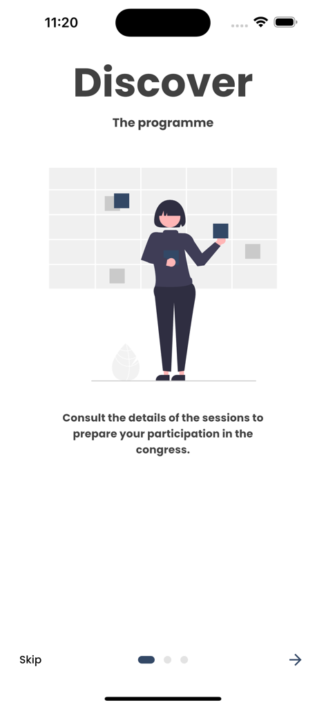 Pantalla de incorporación de la aplicación ICHNO 2026 para descubrir el programa del congreso y los detalles de las sesiones