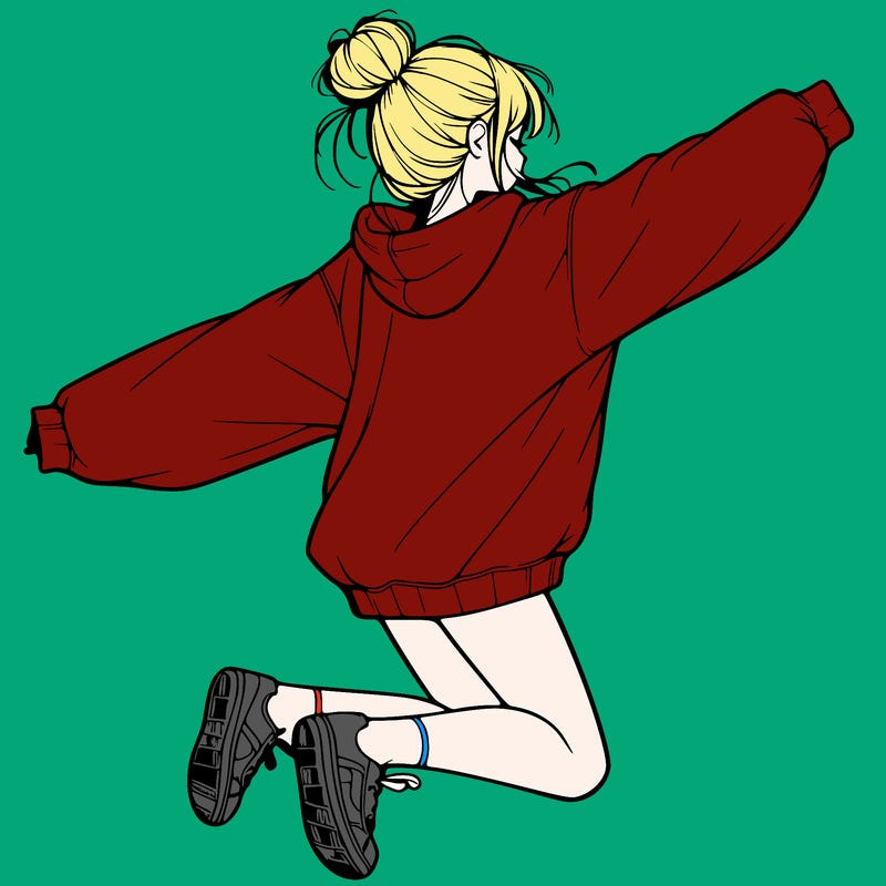 realistic girl jumping with a bun and oversized sweatshirt