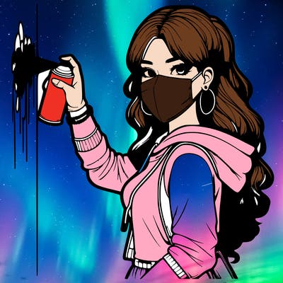 realistic girl with mask spray painting a wall