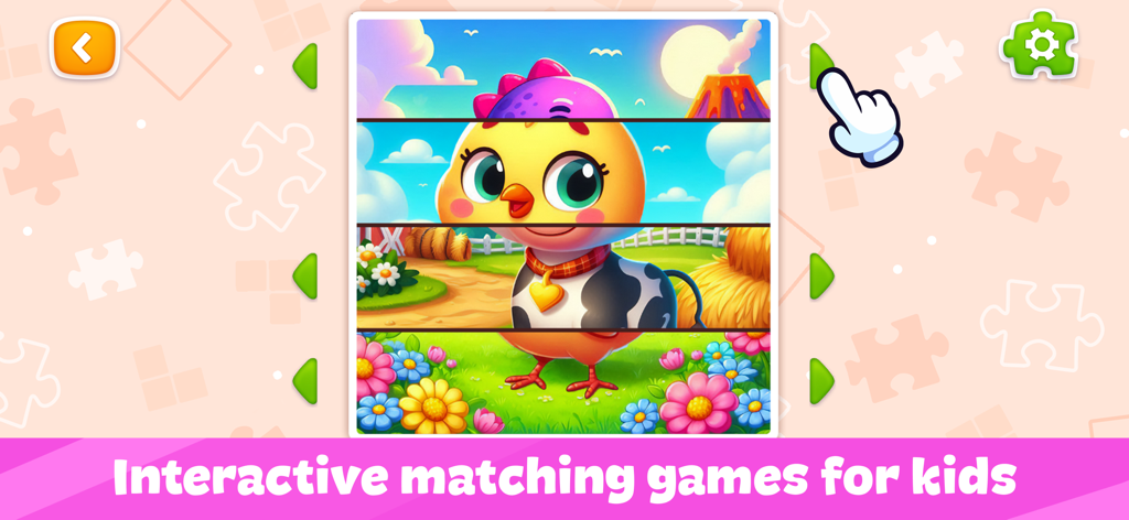 Puzzle Games for Kids & Babies - An interactive matching puzzle game for kids showing a colorful character being assembled with navigation arrows