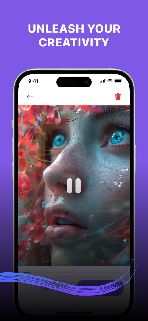 Pictory: AI Video Generator. - A smartphone showing the Pictory app interface with a close up of an AI generated face and the text Unleash Your Creativity