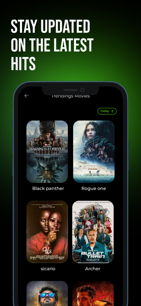 Trending movies list screen in the WATCHED app featuring popular film posters.