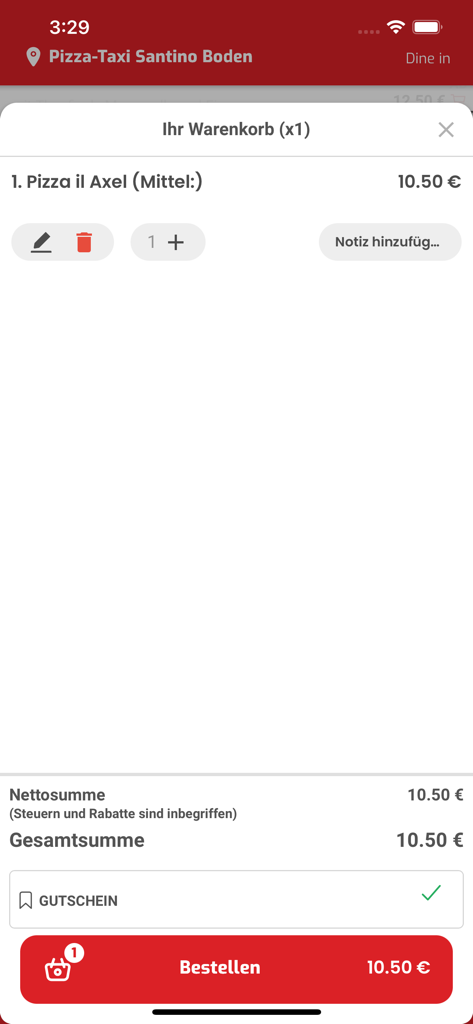 Pizza Taxi Santino Boden - Mobile app shopping cart screen for Pizza Taxi Santino Boden showing a pizza order and total price