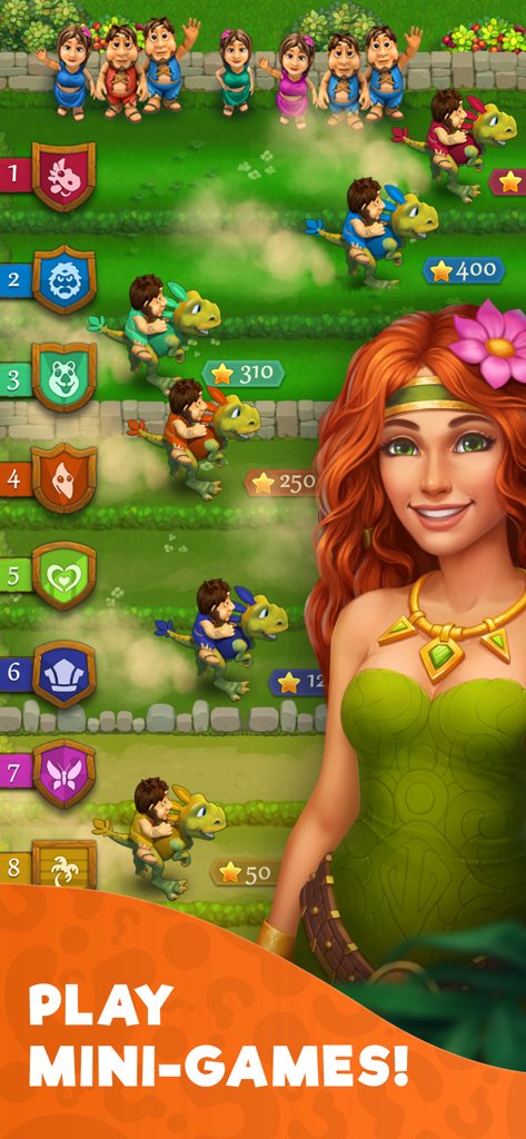 Cavemen racing dinosaurs in a mini game from The Tribez Build a Village app.