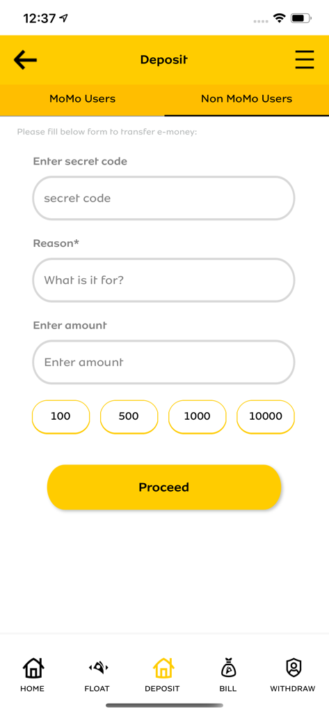 MoMo Agent - The MoMo Agent app interface displaying a deposit form for non-MoMo users with fields for secret code, reason, and amount.
