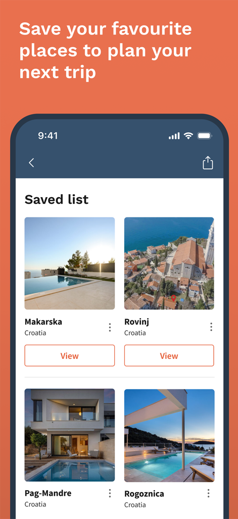 NOVASOL-App-Oberfläche, die eine gespeicherte Liste von Ferienhäusern und Villen in Kroatien anzeigt