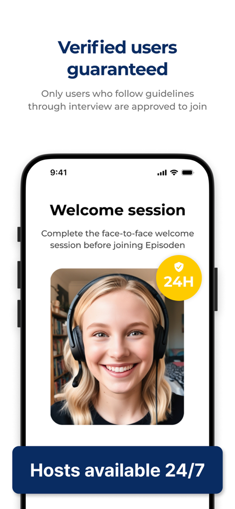 Tela do aplicativo Episoden exibindo a sessão de boas-vindas com usuários verificados e disponibilidade de anfitrião 24/7
