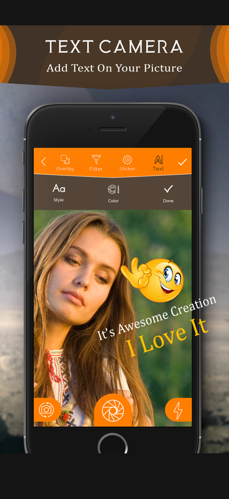 TextCamera Cam: Textify Studio - iPhone screen showing the TextCamera app with text and an emoji sticker on a portrait photo