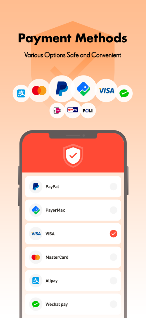 SUGARGOO App-Oberfläche, die sichere Zahlungsmethoden wie PayPal VISA MasterCard Alipay und Wechat Pay anzeigt