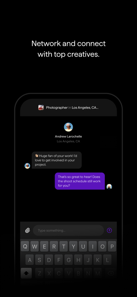 NOVA: The Creative Network - Écran mobile montrant la messagerie directe entre créatifs sur le réseau NOVA