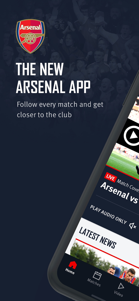 Arsenal Official App - Tela de boas-vindas do Aplicativo Oficial do Arsenal apresentando as últimas notícias e cobertura de jogos ao vivo em um smartphone.