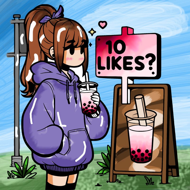 girl with oversized hoodie drinking boba and she has a high ponytail with a sign that says 10likes?