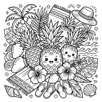 Bring the warmth of the tropics to life with this adorable kawaii pineapple coloring page, packed with joyful summer vibes. Featuring cute smiling pineapples, palm trees, and beach essentials, it's a perfect escape for any age.