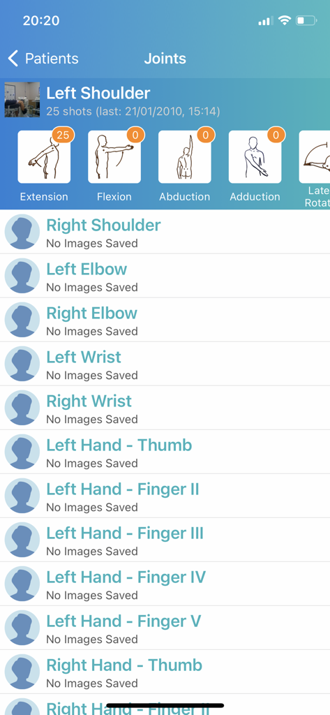 DrGoniometer - DrGoniometer app screen showing a list of body joints for measurement including left shoulder with extension flexion and abduction icons