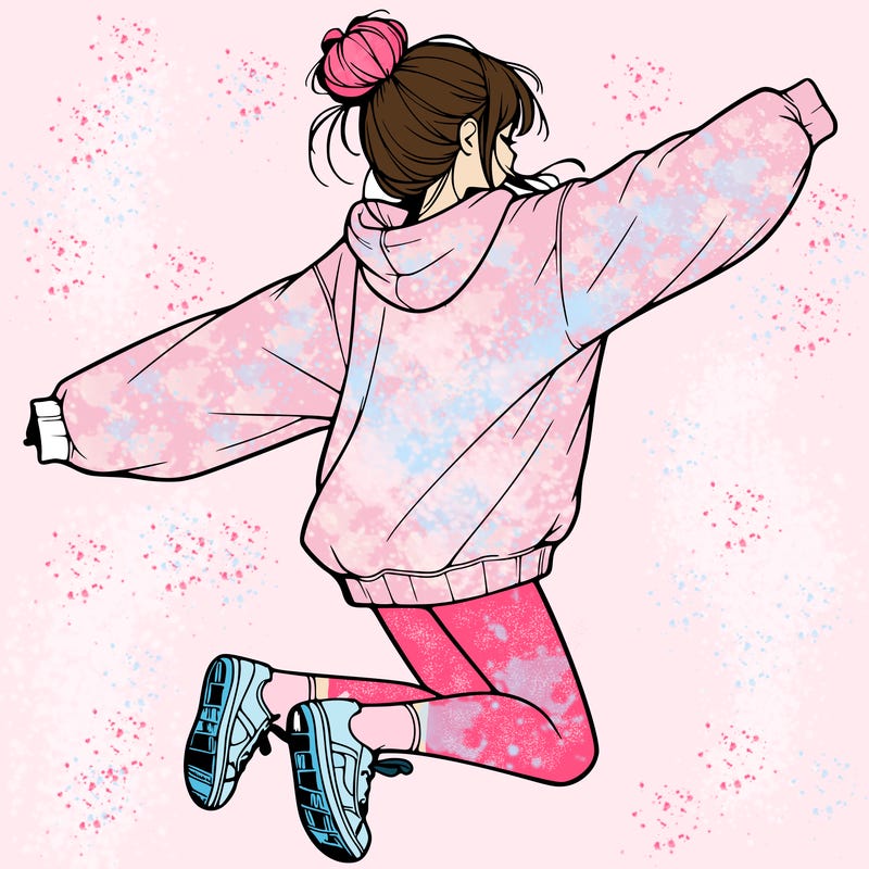 realistic girl jumping with a bun and oversized sweatshirt