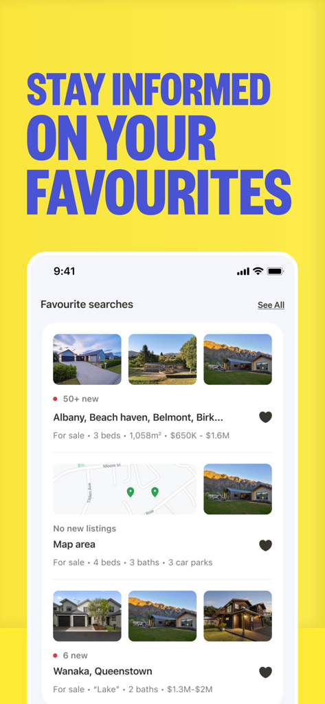 Interfaz de la aplicación móvil para Trade Me Property que muestra una lista de búsquedas favoritas con alertas de nuevas propiedades.