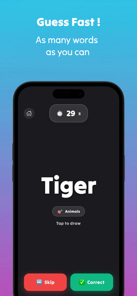 Wordigo : Play with friends - Juego de la aplicación Wordigo mostrando la palabra Tigre en la categoría Animales con un temporizador de 29 segundos