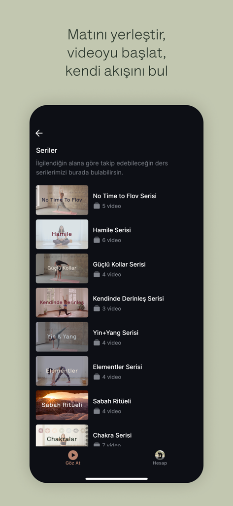 A list of yoga and meditation video series on the Flov Studio mobile app