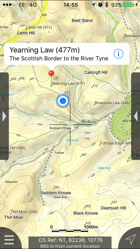 Northumberland Maps Offline - Topographic map of Northumberland showing Yearning Law with elevation contours and hiking trails