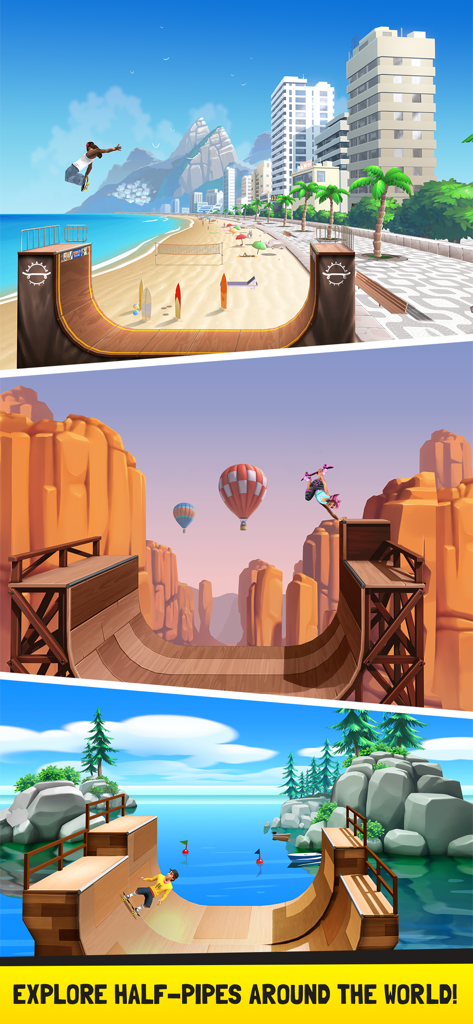 A collage of three different skateboarding environments including a beach, a desert canyon, and a mountain lake.