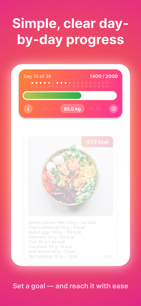 KalorieScan: Calorie Counter - Interfaz de la aplicación KalorieScan que muestra el progreso de la ingesta diaria de calorías y el análisis automático de comidas de un tazón saludable con desglose de ingredientes