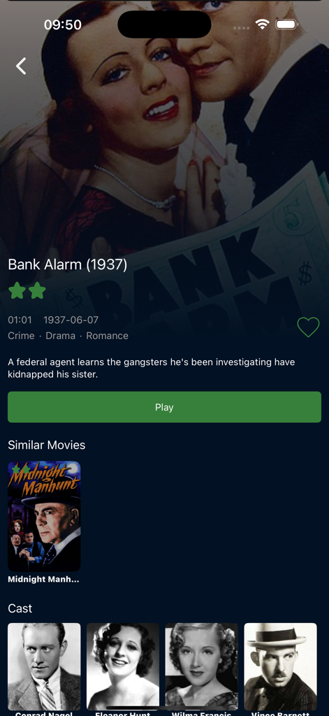 WPlay Mobile - WPlay Mobile movie details screen for Bank Alarm showing play button and cast