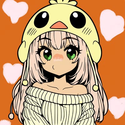 anime girl with chick shaped hat with sweater with bare shoulders with bangs covering them one eye with low tail