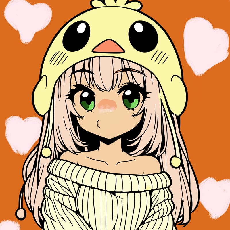 anime girl with chick shaped hat with sweater with bare shoulders with bangs covering them one eye with low tail