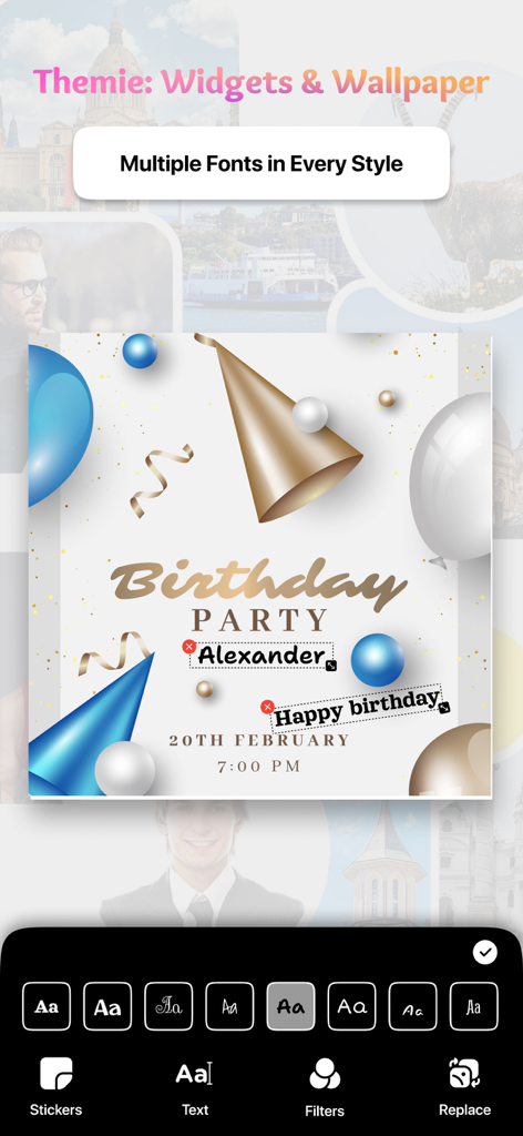 Themie: Widgets & Wallpaper - Themieアプリでの誕生日招待状コラージュの編集画面。複数のフォントスタイルの選択肢があります。