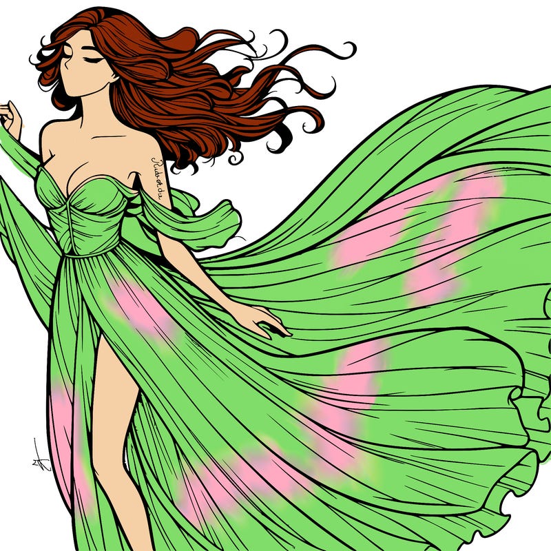 realistic woman in dress flowing the the wind